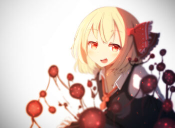 1girl arms_behind_back artist_request bad_id bad_nicoseiga_id blonde_hair darkness female_focus gradient_background hair_ribbon looking_at_viewer necktie open_mouth pran_(nipura) red_eyes red_necktie red_ribbon ribbon rumia simple_background smile smug solo solo_focus touhou vest vignette