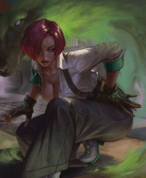 1girl absurdres black_pants breasts cleavage collared_shirt commentary dark-skinned_female dark_skin english_commentary fingerless_gloves giovanna_(guilty_gear) gloves green_eyes green_fur green_pants guilty_gear guilty_gear_strive hair_over_one_eye hand_on_own_hip high_heels highres large_breasts leaning_forward pants partially_unbuttoned red_hair rei_(guilty_gear) shirt short_hair sleeves_rolled_up solo squatting suspender_pants suspenders white_eyes white_shirt wolf yc_yorkchow