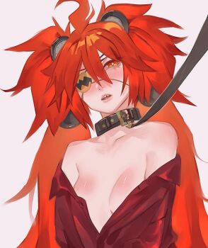 1girl ahoge animal_ears bare_shoulders bear_ears commentary_request eyepatch fake_animal_ears hair_between_eyes hair_ornament highres koleda_belobog long_hair looking_at_viewer red_eyes red_hair solo sphere_hair_ornament yureith zenless_zone_zero