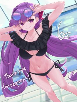 Rule 34 | 1girl, absurdres, bb (fate), bikini, black bikini, breasts, closed mouth, commentary request, eyewear on head, fate/grand order, fate (series), hair ribbon, highres, large breasts, long hair, looking at viewer, navel, niwaikanai, pool, purple eyes, purple hair, red ribbon, ribbon, smile, solo, swimsuit, thank you