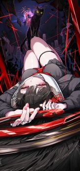 1girl absurdres arms_up black_cat black_hair black_jacket black_serafuku black_shirt black_skirt breasts cat chisa_(wuthering_waves) closed_mouth commentary hair_ribbon highres jacket kiyokatsu_(kyktsu0908) knees_up long_hair looking_at_viewer lying medium_breasts mole mole_under_eye nail_polish neckerchief on_back red_eyes red_nails red_neckerchief red_ribbon revision ribbon sailor_collar school_uniform serafuku shirt skirt solo sword thigh_strap thighs weapon white_sailor_collar wuthering_waves