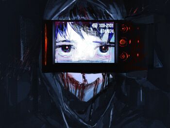 1boy bags_under_eyes black_gloves black_hair black_hoodie blood blood_on_face c1grhin camcorder camera canvas_texture carved_skin colored_tips cry_of_fear dark evil_smile gloves highres holding holding_camera hood hood_up hoodie male_focus monitor multicolored_hair red_eyes red_light simon_henriksson smile solo taking_picture video_camera zoom_layer