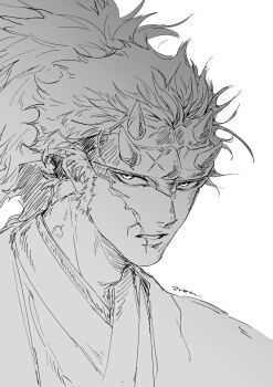 1boy facial_scar fake_horns fate/grand_order fate_(series) horned_headwear horns japanese_clothes kimono long_hair looking_at_viewer male_focus monochrome nagakura_shinpachi_(fate) parted_lips scar scar_on_cheek scar_on_face sideburns simple_background solo taisonino00 white_background