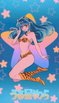 1girl animal_print artist_name bikini blue_hair boots breasts commentary cone_horns copyright_logo full_body highres horns itslopezz knee_boots logo long_hair looking_at_viewer lum navel orange_eyes pointy_ears print_bikini print_boots star_(sky) swimsuit tiger_print urusei_yatsura v