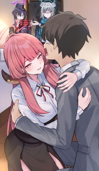 1boy 3girls :d absurdres animal_ear_fluff animal_ears aru_(blue_archive) aura black_eyes blue_archive blue_scarf blunt_bangs blush brown_hair collared_shirt commentary constricted_pupils cowboy_shot dark_aura demon_girl demon_horns dynamite explosive extra_ears flirting grey_hair halo hands_up haruka_(blue_archive) heart heart-shaped_pupils hetero high-waist_skirt highres holding_dynamite horns hug indoors jealous long_hair long_sleeves looking_at_another medium_hair mi_taro333 multiple_girls neck_ribbon open_mouth parted_lips pink_eyes pink_hair pink_halo problem_solver_68_(blue_archive) purple_hair purple_halo red_ribbon ribbon scarf school_uniform sensei_(blue_archive) sensei_(blue_archive_the_animation) shaded_face shiroko_(blue_archive) shirt short_hair sidelocks skirt smile spiked_hair sweatdrop symbol-shaped_pupils trembling tsurime very_long_hair white_shirt wide-eyed wolf_ears yandere