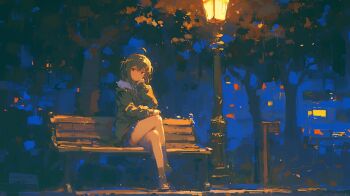 Rule 34 | 1girl, ahoge, arm on knee, bench, black coat, black shoes, black socks, blue skirt, brown hair, closed mouth, coat, commentary request, crossed legs, dot mouth, double-parted bangs, elbow rest, expressionless, faux traditional media, hair between eyes, hand on own face, lamppost, long bangs, medium hair, miniskirt, mk103781220, night, no nose, original, outdoors, park bench, red eyes, shoes, sitting, skirt, socks, solo, tree, wide shot, wooden bench