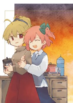 2girls :d ^_^ ahoge ando_tazusa arm_hug assault_lily bag black_ribbon blonde_hair blue_skirt bottle brown_sweater closed_eyes clover_hair_ornament coffee_bag coffee_pot collared_shirt commentary_request cowboy_shot desk drawer four-leaf_clover_hair_ornament from_side gradient_background grey_vest hair_between_eyes hair_ornament hair_ribbon hands_up high-waist_skirt high_ponytail highres hitotsuyanagi_riri holding holding_bag long_sleeves looking_at_viewer looking_to_the_side multiple_girls one_side_up open_mouth orange_background parted_lips pink_hair ponytail red_eyes red_skirt ribbon shirt short_hair skirt smile standing striped_ribbon sweater teeth toyo_(sameden46) upper_teeth_only vest water_bottle white_background white_shirt yuri
