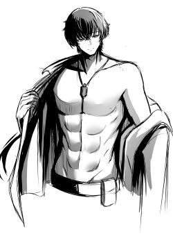 1boy abs absurdres closed_mouth collarbone commentary cropped_legs den_kun69 greyscale hashtag-only_commentary highres jewelry long_hair looking_down looking_to_the_side male_focus male_rover_(wuthering_waves) monochrome muscular muscular_male necklace open_clothes open_shirt rover_(wuthering_waves) simple_background sketch solo undressing white_background wuthering_waves