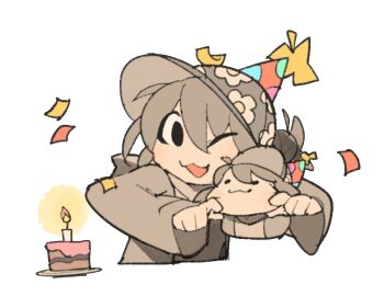._. 2girls :3 artist_self-insert birthday_cake brown_hair brown_jacket cake cake_slice candle closed_mouth commentary confetti cropped_torso english_commentary fire floral_print food hands_on_another's_face hat highres jacket long_sleeves multiple_girls multiple_hats no_nose one_eye_closed open_mouth original party_hat plate simple_background smile temmie_chang temmie_chang_(character) white_background