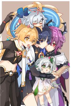 2girls 3boys absurdres aether_(genshin_impact) ahoge arm_up armor belt black_belt black_bodysuit black_bow black_bridal_gauntlets black_gloves black_hair black_horns black_pants black_shirt black_shorts black_sleeves black_tail blonde_hair blue_cape blue_hat blue_sleeves blue_trim blunt_ends blush bodysuit border bow braid bridal_gauntlets bright_pupils brown_background cape closed_eyes coat collar crop_top cross-shaped_pupils crossed_bangs diamond_hair_ornament dragon_boy dragon_horns dragon_tail dress earrings eyelashes eyeliner eyeshadow facing_down feather_earrings feathers frown furisode genshin_impact gloves gold gold_ring gold_trim green_eyes hair_between_eyes hair_ornament hakama hakama_shorts halo hand_on_another&#039;s_arm hand_up hat height_difference highres holding holding_map horns index_finger_raised japanese_armor japanese_clothes jewelry jingasa kimono kote kurokote layered_sleeves leaf leaf_hair_ornament long_hair looking_at_another looking_at_map low-braided_long_hair low-tied_long_hair makeup mandarin_collar map mechanical_halo middle_ring mini_durin_(genshin_impact) mini_durin_(human)_(genshin_impact) multiple_boys multiple_girls nahida_(genshin_impact) navel on_head open_clothes open_kimono open_mouth paimon_(genshin_impact) pants person_on_head pink_eyes pink_hair pink_halo pleated_shorts pointing pointing_up pointy_ears purple_coat purple_eyes purple_hair purple_rope purple_sash purple_sleeves red_eyeliner red_eyeshadow romper rope sash scaramouche_(genshin_impact) scarf shared_hat shirt short_sleeves shorts side_ponytail sidelocks socks suyi42478390 symbol-shaped_pupils tail tareme tassel teeth tsurime upper_teeth_only wanderer_(genshin_impact) white_border white_collar white_dress white_feathers white_hair white_kimono white_mouth white_pants white_pupils white_romper white_scarf white_sleeves white_socks yellow_eyes