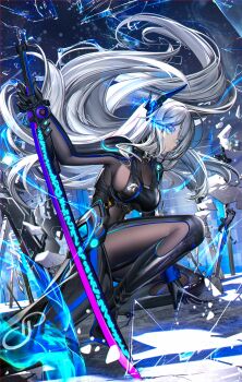 1girl absurdres arm_support black_bodysuit black_gloves blue_background blue_eyes bodystocking bodysuit breasts broken_glass cleavage closed_mouth commentary crack cracked_floor debris dutch_angle electricity energy eye_trail floating_hair glass glass_shards gloves glowing glowing_eyes glowing_sword glowing_weapon gradient_background grey_hair hand_up headgear heatia highres holding holding_sword holding_weapon large_breasts lens_flare light_particles light_trail long_hair looking_ahead multiple_swords neck_armor on_one_knee original planted planted_sword planted_weapon science_fiction see-through_cleavage see-through_clothes sideboob sidelocks solo sword very_long_hair weapon