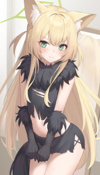 1girl alternate_costume animal_ear_fluff animal_ears bikini black_bikini blonde_hair blue_archive blush closed_mouth cosplay fox_ears fox_girl fuka_kurotsuji fur_collar green_eyes green_halo hair_between_eyes halo highres kazusa_(blue_archive) kazusa_(blue_archive)_(cosplay) kazusa_(halloween)_(blue_archive) kurumi_(blue_archive) long_hair looking_at_viewer navel sidelocks solo stomach sweatdrop swimsuit tail two_side_up
