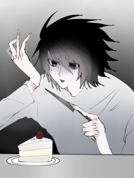 Rule 34 | 1boy, bags under eyes, black eyes, black hair, bleeding, blood, blood drip, cake, cake slice, commentary request, crying, crying with eyes open, death note, food, hand up, hi7992367764, highres, l (death note), male focus, parted lips, self-harm, shirt, short hair, solo, strawberry cake, t-shirt, tears, white shirt, wrist cutting