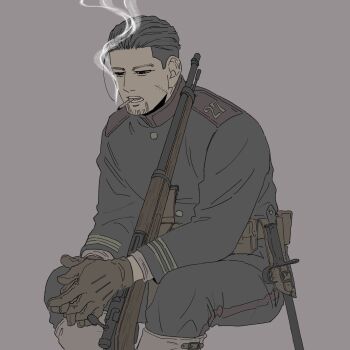 1boy belt_pouch black_hair bolt_action brown_gloves cigarette commentary_request dakuonpu facial_hair facial_scar gloves goatee golden_kamuy gun hair_slicked_back half-closed_eyes highres interlocked_fingers invisible_chair male_focus military_uniform ogata_hyakunosuke pouch rifle scar scar_on_cheek scar_on_face sitting smoke smoking solo undercut weapon