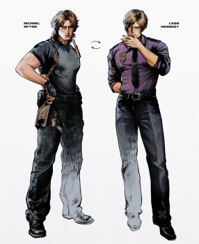 Rule 34 | 2boys, arm behind back, arrow (symbol), black necktie, blue eyes, brown hair, character name, collared shirt, commentary, cosplay, costume switch, curtained hair, fingerless gloves, five nights at freddy's, full body, gloves, hand up, highres, holster, itssanlee, large pectorals, leon s. kennedy, leon s. kennedy (cosplay), looking at another, male focus, michael afton, michael afton (cosplay), multiple boys, muscular, muscular male, necktie, pectorals, purple shirt, resident evil, resident evil 4, shirt, short hair, shoulder holster, thigh holster, tight clothes, tight shirt, white background