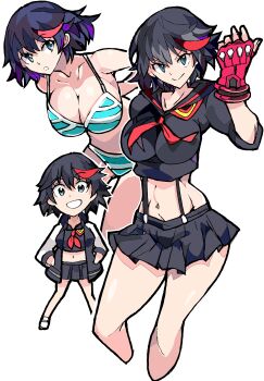1girl :o absurdres black_hair blue_eyes bra breasts chibi cropped_legs enpe feet_out_of_frame fingerless_gloves gloves hands_on_pockets hanging_breasts highres jacket kill_la_kill koshimizu_ami large_breasts matoi_ryuuko navel school_uniform senketsu skirt smile striped_clothes suspenders underwear white_background