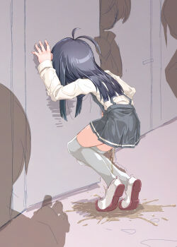 1girl asashio_(kancolle) faceless faceless_female from_behind have_to_pee highres indoors kantai_collection long_hair long_sleeves narumiya_(narumiya) pee peeing peeing_self shirt shoes skirt solo_focus suspenders thighhighs white_shirt