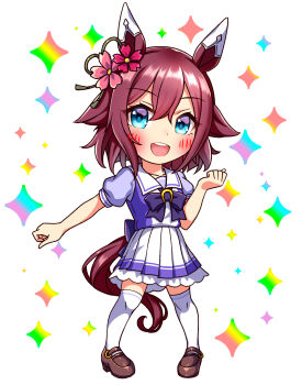 1girl animal_ears blue_eyes blush bow bowtie breasts chibi chibi_only collarbone commentary_request ear_covers flower full_body hair_between_eyes hair_flaps hair_flower hair_ornament highres horse_ears horse_girl horse_tail looking_at_viewer open_mouth pink_hair pleated_skirt puffy_short_sleeves puffy_sleeves purple_bow purple_bowtie purple_shirt sailor_collar sailor_shirt sakura_chiyono_o_(umamusume) school_uniform shirt shoes short_sleeves skirt smile solo sugimotty_nova tail teeth thighhighs tracen_school_uniform umamusume upper_teeth_only white_sailor_collar white_skirt white_thighhighs zettai_ryouiki