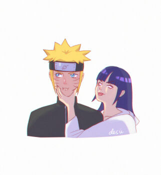 1boy 1girl blonde_hair blue_eyes couple facial_mark forehead_protector grabbing_another&#039;s_chin hyuuga_hinata konohagakure_symbol long_hair looking_at_viewer naruto:_road_to_ninja naruto_(series) naruto_shippuuden purple_eyes simple_background tongue tongue_out uzumaki_naruto whisker_markings white_background