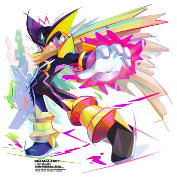 1boy absurdres bass.exe_(mega_man) black_bodysuit black_helmet bodysuit brown_cloak buysell_bird cloak facial_mark fins forehead_jewel full_body gloves head_fins helmet highres mega_man_(series) mega_man_battle_network_(series) mega_man_battle_network_3 netnavi red_eyes simple_background solo white_background