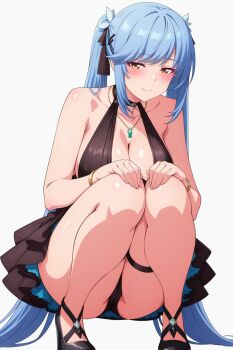 ass azur_lane black_choker black_dress black_sandals blush breasts choker cleavage dress essex_(azur_lane) essex_(craft_fairytail)_(azur_lane) evening_gown hair_ornament hands_on_own_knees highres jewelry large_breasts looking_at_viewer necklace official_alternate_costume purple_hair raygun19 sandals smile squatting swept_bangs thighs twintails yellow_eyes