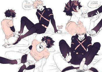 2boys ass bakugou_katsuki boku_no_hero_academia bulge english_text erection foot_in_another&#039;s_mouth footjob heart looking_at_another male_focus midoriya_izuku multiple_boys nail_polish penis pubic_hair shirt short_hair short_shorts shorts spacenipnops speech_bubble spiked_hair superhero_costume thighs toenail_polish toenails yaoi