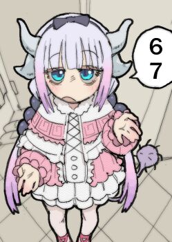 1girl 67_(meme) black_bow black_hairband blue_eyes blunt_bangs bow capelet center_frills door dress feet_out_of_frame frilled_capelet frilled_dress frills fur_trim genkan gradient_hair hair_bobbles hair_bow hair_ornament hairband hand_up horns indoors kanna_kamui kobayashi-san_chi_no_maidragon light_blush long_hair long_sleeves looking_at_viewer meme multicolored_hair open_mouth pantsu-ripper pink_dress purple_hair sidelocks solo standing straight_hair tail two-tone_dress two-tone_hair very_long_hair white_capelet white_dress white_hair white_horns