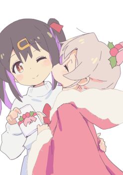 2girls ;) black_hair brown_eyes capelet closed_eyes commentary_request fur-trimmed_capelet fur-trimmed_hood fur_trim genderswap genderswap_(mtf) gift grey_hair hair_ornament hairclip hand_on_another's_back highres holding holding_gift holly_hair_ornament hood hood_down hooded_capelet kiss kissing_cheek light_blush long_sleeves multicolored_hair multiple_girls ninesano one_eye_closed onii-chan_wa_oshimai! oyama_mahiro oyama_mihari purple_hair red_capelet siblings simple_background sisters smile sweater twintails two-tone_hair white_background white_sweater