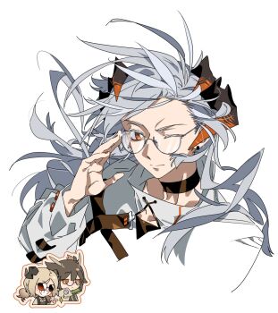 3girls arknights bespectacled blonde_hair bright_pupils choker commentary cropped_torso demon_horns dragon_horns feather_hair glasses grey_hair grin highres horns ifrit_(arknights) long_hair long_sleeves looking_at_another messy_hair molu_stranger multiple_girls orange_eyes saria_(arknights) shirt short_twintails silence_(arknights) simple_background smile sparkle sunglasses symbol-only_commentary twintails unamused white_background white_pupils white_shirt wind