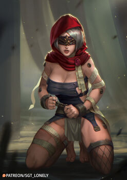 1girl barefoot blindfold breasts cleavage commentary covered_eyes crossover cyborg detached_hood english_commentary fishnet_thighhighs fishnets grey_hair highres hood hood_up kneeling lips medium_breasts mole mole_under_mouth nier:automata nier_(series) no_panties nose paid_reward_available pelvic_curtain pinup_(style) purity_seal red_hood sgt_lonely short_hair single_thighhigh sister_repentia solo swept_bangs thigh_strap thighhighs warhammer_40k 2b_(nier:automata)