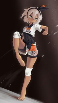 1girl absurdres barefoot bea_(pokemon) black_bodysuit black_hairband blonde_hair bodysuit bodysuit_under_clothes bow_hairband clenched_hand closed_mouth collared_shirt commentary_request covered_abs covered_navel eyelashes feet full_body grey_eyes hair_between_eyes hairband highres knee_pads leg_up mrr_(1374532627) nintendo pokemon pokemon_swsh print_shirt print_shorts shirt short_sleeves shorts solo standing tiptoes toes white_shirt