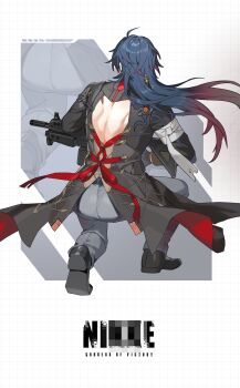 Rule 34 | 1boy, absurdres, ahoge, ass, ass focus, bandages, blade (honkai: star rail), blue hair, brand name imitation, clothing cutout, commentary request, from behind, gajang742717, gradient hair, gun, hair ornament, highres, holding, holding weapon, honkai: star rail, honkai (series), korean commentary, long hair, machine gun, male focus, multicolored hair, on one knee, pants, parody, red ribbon, ribbon, shoes, style parody, tailcoat, toned, toned male, very long hair, weapon