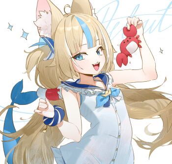 Rule 34 | 1girl, blonde hair, blue eyes, blue hair, blue streaks, breasts, crab, dress, fins, fish tail, highres, indie virtual youtuber, juffles, kaniki (sameko saba), long hair, looking at viewer, multicolored hair, open mouth, sameko saba, scrunchie, shark girl, shark tail, sleeveless, sleeveless dress, small breasts, solo, streaked hair, tail, upper body, virtual youtuber, white background, white dress, wrist scrunchie
