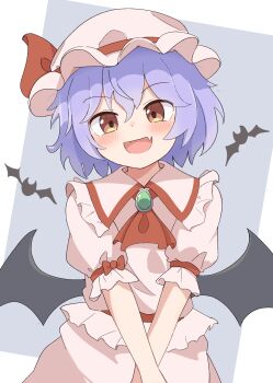 1girl :d absurdres animal_print ascot bat_print bat_wings blue_hair blush brooch collared_shirt commentary_request fang frilled_shirt_collar frills hat hat_ribbon haya_s2 highres jewelry looking_at_viewer mob_cap open_mouth pink_hat pink_shirt pink_skirt puffy_short_sleeves puffy_sleeves red_ascot red_eyes red_ribbon remilia_scarlet ribbon shirt short_hair short_sleeves skin_fang skirt skirt_set smile solo touhou upper_body wings