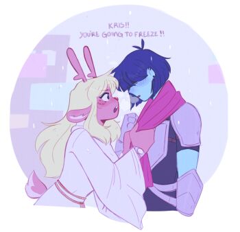 1girl 1other animal_ears antenna_hair antlers armor arms_at_sides baggy_clothes black_pants blonde_hair blue_hair blue_skin blush border breastplate breath buck_teeth cityscape clothes_grab cold colored_skin commentary cowboy_shot deer_antlers deer_ears deer_girl deer_tail deltarune ear_piercing english_commentary english_text freckles from_side furry furry_female hair_over_eyes highres horns jxitrash kris_(dark_world)_(deltarune) kris_(deltarune) long_hair neckwear_grab noelle_holiday noelle_holiday_(dark_world) other_with_female outdoors pants piercing pout profile robe round_border shaded_face short_hair short_sleeves shoulder_armor simple_background snowing tail teeth upper_teeth_only utdr_(toby_fox) watch white_background white_robe wide_sleeves