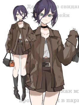 1girl bag belt_buckle black_bag black_boots black_choker boots brown_jacket buckle chainsaw_man character_charm charm_(object) choker commentary_request cowboy_shot crop_top dark_skin full_body green_eyes grenade_pin hair_between_eyes hair_bun hair_ornament hairclip half_updo handbag highres holding holding_bag jacket jewelry light_blush light_smile looking_at_viewer medium_hair midriff_peek miniskirt multiple_views necklace pleated_skirt pochita_(chainsaw_man) purple_hair reze_(chainsaw_man) russian_text shirt skirt solo usako2201min white_background white_shirt