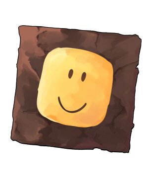brownie_(food) character-themed_food commentary english_commentary food_focus highres himochuu no_humans noob_(roblox) roblox simple_background smile white_background