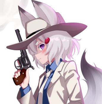 1girl animal_ears blue_shirt chenki_(chenki) gun hat highres holding holding_gun holding_weapon necktie outline phase_connect purple_background purple_eyes shirt simple_background smoke smoking_barrel solo tail tenma_maemi transparent_background virtual_youtuber weapon white_necktie white_outline