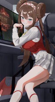 1girl absurdres aqua_eyes brown_hair chair commentary donut_hair_bun hair_bun hairband highres long_hair long_sleeves looking_at_viewer monitor nintendo pokemon pokemon_masters_ex rosa_(academy)_(pokemon) rosa_(pokemon) selopangji sitting socks solo teeth white_socks
