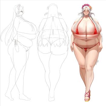 1girl ass belly bikini breasts bursting_breasts cameltoe female_focus gigantic_breasts glasses high_heels highres labiata_(last_origin) last_origin looking_at_viewer micro_bikini namamo_(kura) navel plump red_bikini red_eyes sandals short_hair sketch solo standing swimsuit thick_thighs thighs veins veiny_breasts white_background white_hair wide_hips