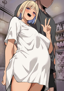 1boy 1girl absurdres blonde_hair blue_hair blush breasts colored_inner_hair commentary_request highres large_breasts looking_at_viewer multicolored_hair original pregnant purple_eyes short_hair takano_tomohiro thighs