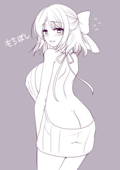 1girl ass back backless_dress backless_outfit blush bow breasts butt_crack commentary_request cowboy_shot dress greyscale hair_bow large_breasts looking_at_viewer looking_back masaya_ichika monochrome naked_sweater open_mouth ragnarok_masters ragnarok_online short_hair simple_background smile solo sweater sweater_dress virgin_killer_sweater