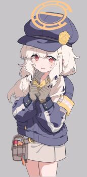 Rule 34 | 1girl, aoba (blue archive), armband, blue archive, blue hat, blush, bow, bowtie, fluffy hair, gloves, grey background, grey gloves, grey hair, grey skirt, halo, hat, highres, jacket, long hair, long sleeves, looking at viewer, low twintails, migolu, miniskirt, newsboy cap, orange halo, red eyes, skirt, solo, twintails, yellow armband, yellow bow, yellow bowtie