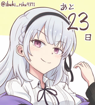 >:) 1girl amatsu_marei arm_at_side assault_lily black_hairband black_jacket black_ribbon blush braid breasts closed_mouth collared_shirt commentary_request countdown grey_hair hair_ribbon hairband hand_up ibuki_riku jacket long_hair long_sleeves looking_at_viewer medium_breasts neck_ribbon off_shoulder portrait purple_eyes purple_jacket ribbon school_uniform shirt side_braid smug solo translated twitter_username two-sided_fabric two-sided_jacket two-tone_background v-shaped_eyebrows white_background yellow_background