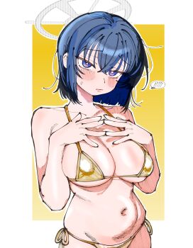 1girl absurdres bikini blue_archive blue_eyes blue_hair blush breasts cleavage closed_mouth commentary_request gold_bikini grey_halo halo highres kani_ka_nanika large_breasts navel saki_(blue_archive) short_hair solo speech_bubble spoken_blush string_bikini sweatdrop swimsuit