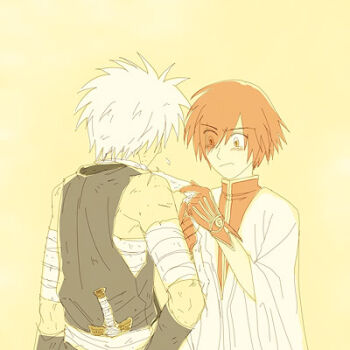 Rule 34 | 2boys, assassin (ragnarok online), bandaged arm, bandages, blush, chest sarashi, closed mouth, commentary request, dagger, dated commentary, eyes visible through hair, frown, gloves, grey background, hair between eyes, knife, long bangs, looking at another, lowres, male focus, multiple boys, oomojiya, pink gloves, pink hair, pink shirt, ragnarok online, sarashi, shirt, short hair, simple background, sleeveless, sleeveless shirt, upper body, weapon, white hair, wizard (ragnarok online), yellow background