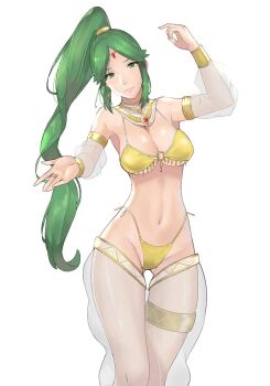 1girl anklet arabian_clothes armlet armpits bare_shoulders bikini blush bracelet breasts dancer dancing earrings female_focus green_eyes green_hair highres j@ck jewelry kid_icarus large_breasts long_hair looking_at_viewer navel necklace nintendo palutena ponytail smile solo super_smash_bros. swimsuit tiara underboob veil very_long_hair