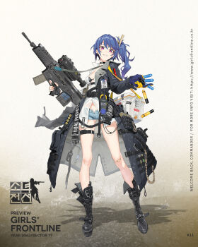 1girl 20x30mm_lv 20x30mm_lv_heab_k167 20x30mm_lv_p_k168 airburst_grenade_launcher airburst_round ammunition anti-materiel_cartridge assault_rifle bandaid belt bikini black_bikini black_boots black_gloves blouse blue_hair blue_shorts bolt-action_grenade_launcher bolt_action boot_straps boots breasts buckle bullpup burst_fire_gun burst_fire_rifle cable cannon_cartridge carbine character_name choker clothes_pin clothes_writing coat computerized_scope cooler copyright_name daewoo_k11 denim denim_shorts dress earrings explosive female_focus fingerless_gloves fragmentation_grenade fragmentation_warhead full_body girls'_frontline gloves grenade grenade_cartridge grenade_launcher grey_coat gun hazard_symbol head_tilt high-explosive_airburst_round high-explosive_cartridge highres holding holding_gun holding_weapon id_card jewelry k11_(girls'_frontline) knee_boots lace-up_boots ladic leather leather_choker logo long_coat long_hair long_shirt medium_breasts messy_hair military_cartridge multi-weapon multiple-barrel_gun multiple_straps name_tag off_shoulder official_art open_clothes open_coat open_dress open_shirt parted_lips personification pouch practice_round precision-guided_firearm precision-guided_munition purple_eyes radiation_symbol rifle scope see-through_clothes shells shirt short-barreled_rifle short_shorts shorts side_ponytail sidelocks sight_(weapon) single_earring single_fingerless_glove skindentation smart_grenade smart_scope smirk solo standing stomach subsonic_ammunition swimsuit telescopic_sight thermal_weapon_sight thigh_strap thighs trench_coat trigger_discipline unbuttoned_pants underbarrel_assault_rifle underbarrel_rifle weapon white_dress white_shirt