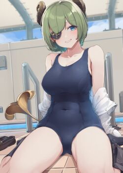 1girl atsushima black_one-piece_swimsuit blue_eyes blush breasts brown_horns brown_shoes clean commentary_request covered_navel demon_girl demon_horns demon_tail eyepatch full_body green_hair grin horns indoors large_breasts looking_at_viewer nanashi_inc. one-piece_swimsuit pool_ladder poolside sekishiro_mico shoes short_hair sitting smile solo swimsuit tail unworn_shoes virtual_youtuber wariza
