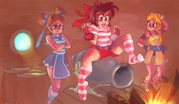 3girls aika_(eternal_arcadia) belle_(eternal_arcadia) bow breasts brown_hair cannon eternal_arcadia headband legs_apart medium_breasts multiple_girls rtil shirt shorts socks striped_clothes striped_shirt striped_socks thighs